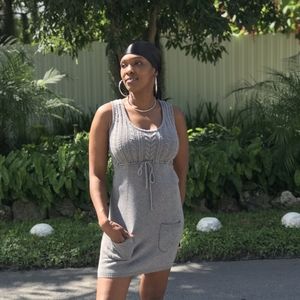 Grey sweater dress. No sleeves. Perfect for spring, fall, and summer.